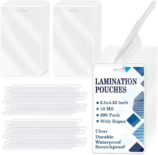 200 Pieces 10 Mil 2 1/2" x 4 1/4" Luggage Tag Laminating Pouches with Slot Hole Loops Thermal Lanyard Thermal Laminate Pouch Tags Kit Resealable for Work Permits Pass Cards Student ID Cards