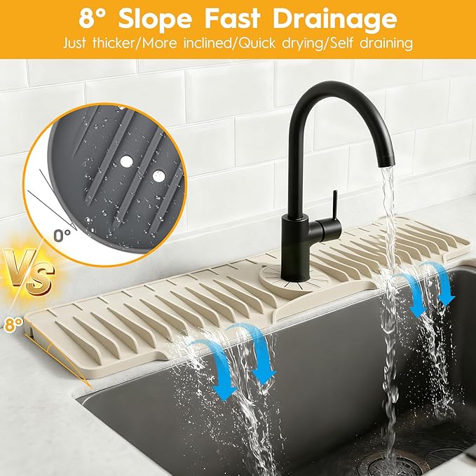 16" Silicone Faucet Mat for Kitchen Sink Released in 2025/12TH,8° Slope Fast Self-draining-Kitchen Sink Splash Guard,Bathroom Kitchen Sink Area Water Splash Guard Behind Faucet Draining Mat Beige