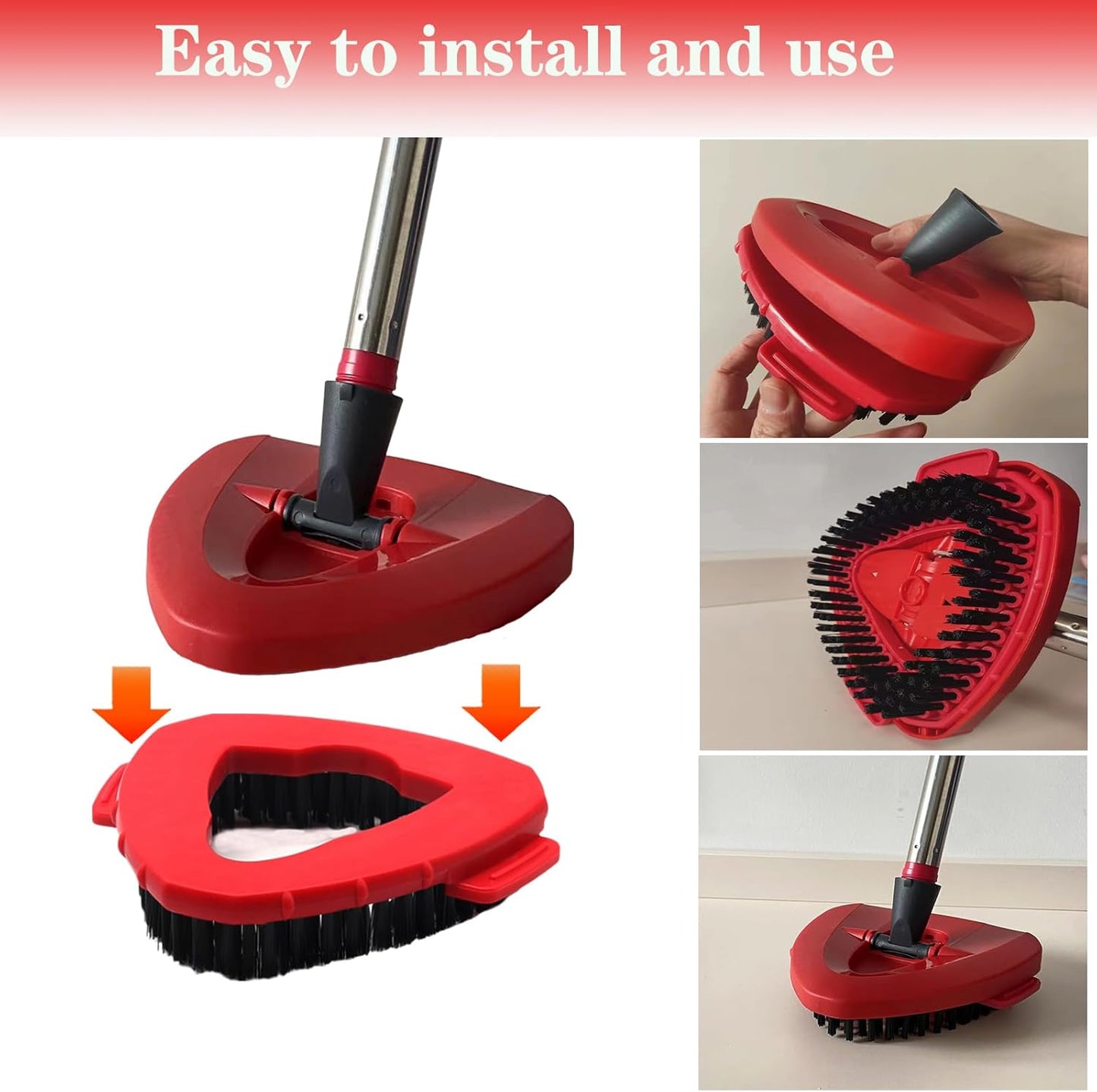 Spin Mop Replacement Handle and Mop Base Replacements for OCeda EasyWring 1-Tank Spin Mop System,4-Section Iron Mop Handle 30-58in and 1 Mop Base and 1 Scrub Brush Cover Set Combo, Red