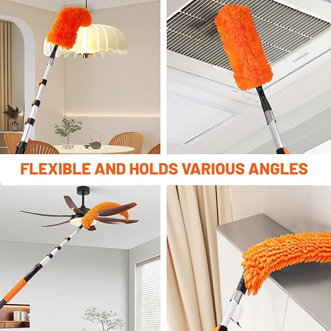 30ft High Reach Duster Kit with Extendable Pole (5-24ft),High Ceiling Duster Kit Includes–Ceiling Fan Blade Cleaner, Cobweb Remover, Bendable Duster, Microfiber Glass Scrubber & Squeegee & Swivel Head