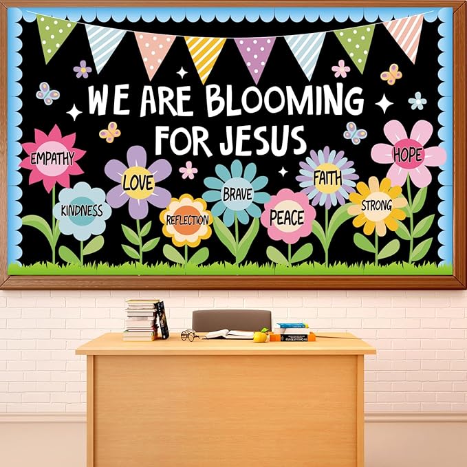 Naozinebi Spring Religious Christian Bulletin Board Sets Sunday School Decoration for Classroom Positive Floral Bulletin Board We are Blooming for Jesus Paper Cutout for Christian Church School Decor