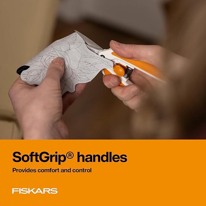 Fiskars Micro-Tip Spring Assisted Scissors, Precision Cutting Stainless Steel Blades, Comfort Handle, Cut Details in Fabric, Sewing Scissors and Arts and Crafts Tools
