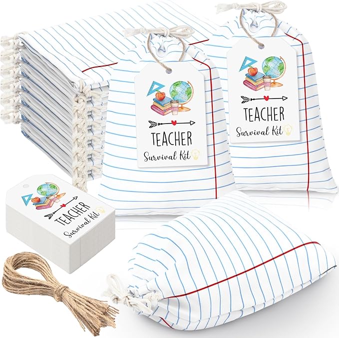 Sweetude 24 Set Teacher Supplies Survival Kit Gifts Bags Kit Social Work Month Back to School Notebook Teacher Appreciation Drawstring Bags with Tags Thank You Survival Canvas Makeup Pouch