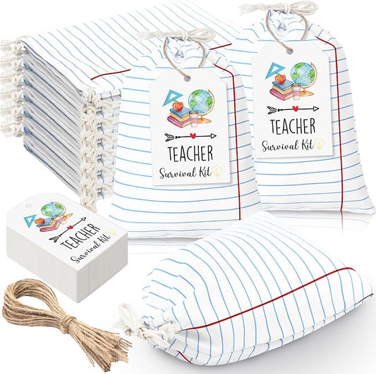 Sweetude 24 Set Teacher Supplies Survival Kit Gifts Bags Kit Social Work Month Back to School Notebook Teacher Appreciation Drawstring Bags with Tags Thank You Survival Canvas Makeup Pouch