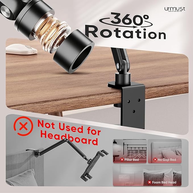 Urmust Portable Monitor Stand 15.6", iPad Stand for Desk, Portable Monitor Holder up to 18.5", Adjustable Desktop Tablet Arm Mount, Apple iPad Holder for Desk, for 4.7"-12.9" iPad Pro/Air/Mini