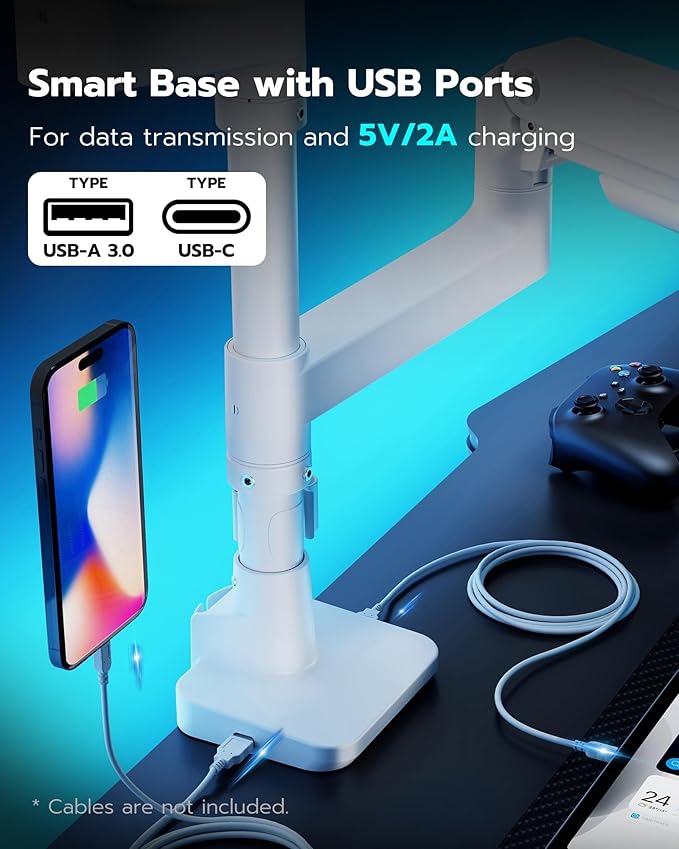 ARES WING Dual Monitor Arm for Ultrawide Heavy Duty Curved Monitor Stacking, Fits 17-49 Inch, Vertical Gas Spring Double Monitor Stand with USB, Adjustable Dual Monitor Mount for Desk, White