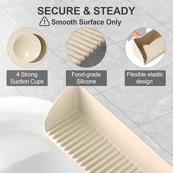 Roslim 2Pack Silicone Tub Water Splash Guard with 4 Suction Cups, Bath Toy Holder, Tub Play Shelf for Kids, Bathtub Side Splash Guard Tray, Toddler Bathroom Essentials, Beige