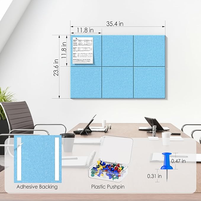 MaxGear Large Cork Board for Wall 36" x 24", Blue Bulletin Board, 6 Pack Felt Wall Tiles with Pushpins, Cork Boards for Office Push Pin Board Tack Board Felt Board
