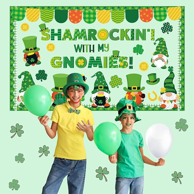 St. Patrick's Day Gnome Bulletin Board Set Shamrockin' with My Gnomies Classroom Decor Lucky Gnome Shamrocks Gold Coin Paper Cutouts Shamrock Bulletin Board Border for Green Irish Holiday School Decor