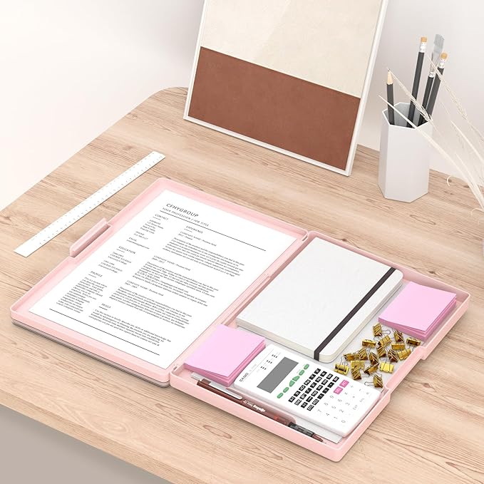 Rimilak Plastic Clipboard with Storage, Side Opening with 2 Compartment, Size 13.3 x 9.4 x 1.5 Heavy Duty High Capacity Nursing Box for Work School & Office Supplies, Pink