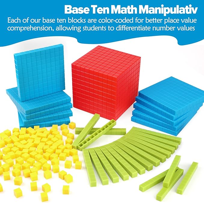Torlam 131 PCS Base Ten Blocks - Place Value Blocks, Plastic Base 10 Math Manipulatives for 1st Grade, Addition and Subtraction Games Math Counters and Cubes for Kids