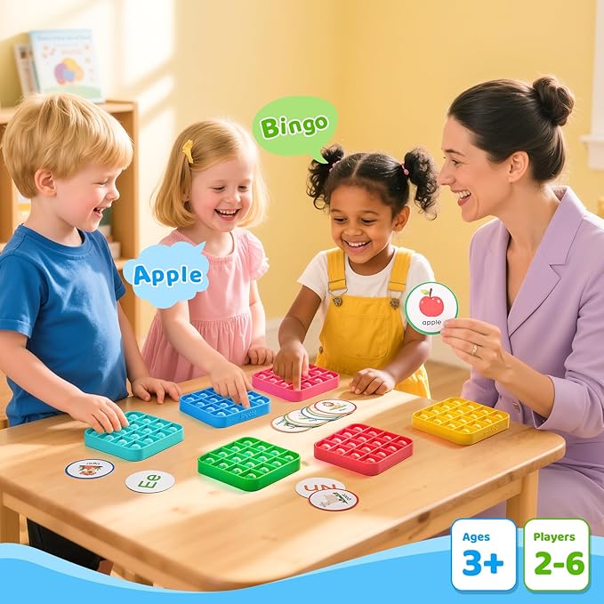 JoyCat Alphabet Bingo Board Game,ABC Learning Toys for Kids Ages 3-5,Bingo Game for 2 to 6 Kids Kindergarten Preschool 1st 2nd 3rd（6 Pads + 26 Flash Cards）