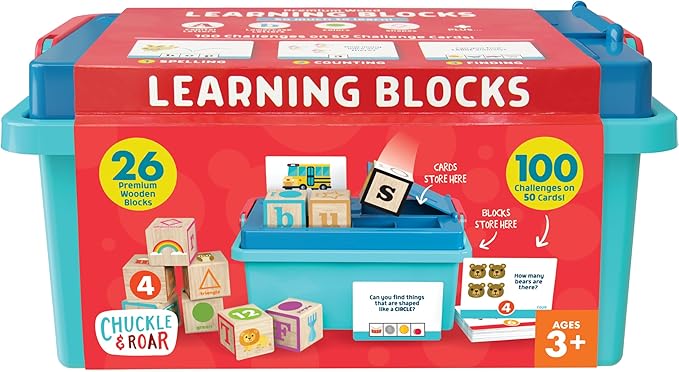 Chuckle & Roar - Learning Blocks: Alphabet Blocks & Learning Flashcards - Educational Learning Activity for preschoolers - Fun and Engaging for Toddlers - Storage Bin Included for Easy cleanup