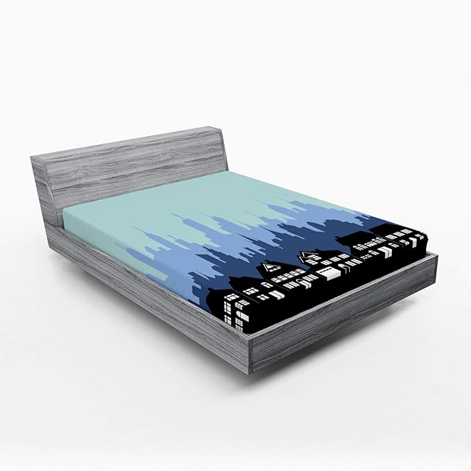 Ambesonne Silhouette 2 Pack Fitted Sheet, City Skyline House Shade, Bed Cover All-Round Elastic Deep Pockets 2 Pieces, Package Contains 2 Full Size Fitted Sheets, Black Seafoam and Blue Grey