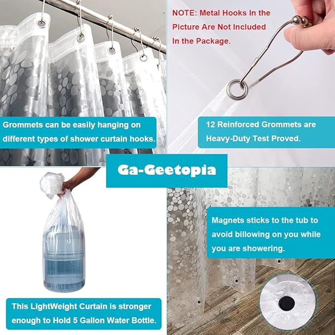 Ga-Geetopia EVA Clear Thin Shower Curtain Liner, Pebble Pattern 72x72 Inch Lightweight Plastic Bathroom Shower Showroom Inner Curtain with Rustproof Metal Grommets and Weighted Magnets(NO Hooks)