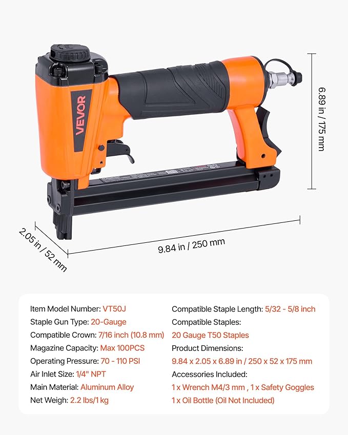 VEVOR Pneumatic Staple Gun, 20 Gauge T50 Pneumatic Upholstery Stapler for 7/16" Crown 5/32"-5/8" Length Staples, 70-110 PSI Air Staple Gun for Woodworking, Upholstering, Fabric, Crafts, DIY Projects