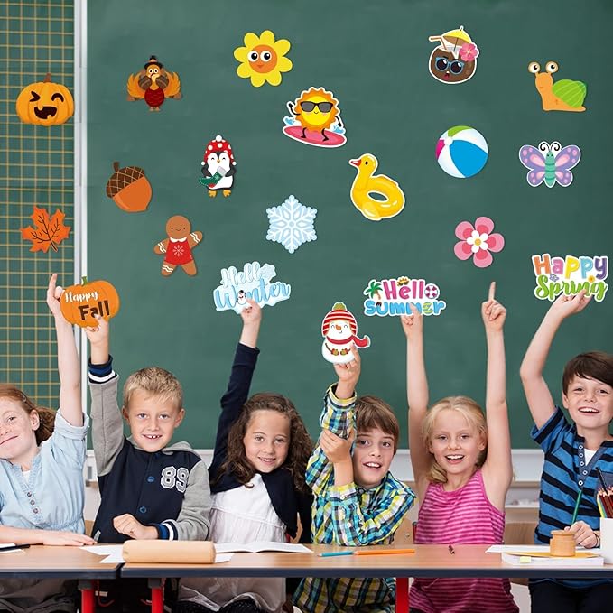 Haooryx Spring Summer Fall Winter Classroom Cutouts Bulletin Board Set - 120Pcs Seasonal Classroom Decoration Paper Cut-Outs Blackboard Border Trim for School Classroom Whiteboard Window Wall Decor