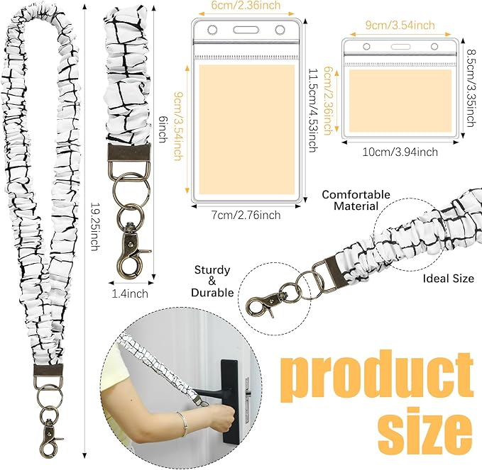 Marspark 2 Set Scrunchie Lanyards with 4 Card Holders for ID Badges and Keys Cute Stretchy Scrunchie Neck and Wrist Lanyards for Teacher Women Nurses School Office Supplies(Black White, Grid)