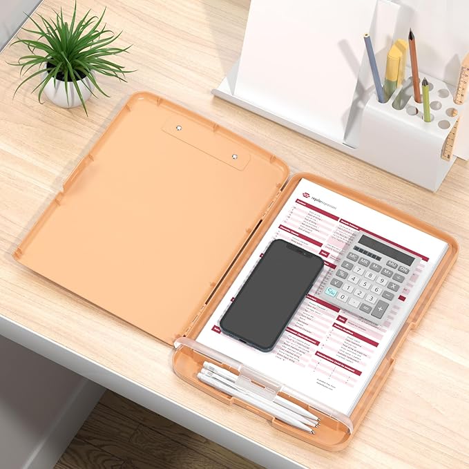 Rimilak Plastic Clipboard with Storage, 8.5 x 11 High Capacity Folio Nursing Case with Pen Holder, Size 14.2 x 9.6 x 1.2″ Folder Side-Opening for Classroom, Teacher, Smooth Writing, Pale Orange