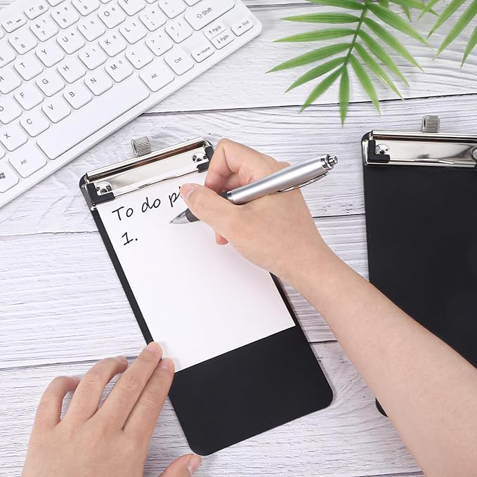 4 Pack Small Clipboards with Pen Holder 4X 8.66inch, Plastic Receipt Size Black Clipboard, Mini Clipboard with Retaining Clips, Narrow Memo Size Notepads for Tickets Home Restaurants Office School