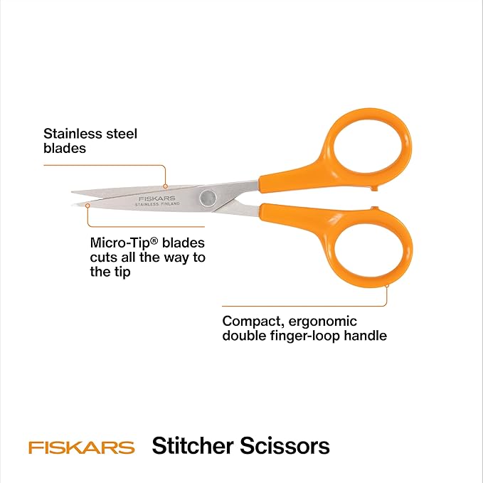 Fiskars Stitcher Scissors No. 5, Precision Sewing Scissors, Swedish Stainless Steel Blades for Intricate Cuts, 4.88”,Orange
