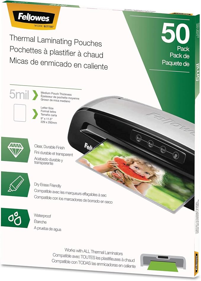 Fellowes Thermal Laminating Pouches, 5 Mil, 9" X 11.5", Matte Clear, 50/Pack