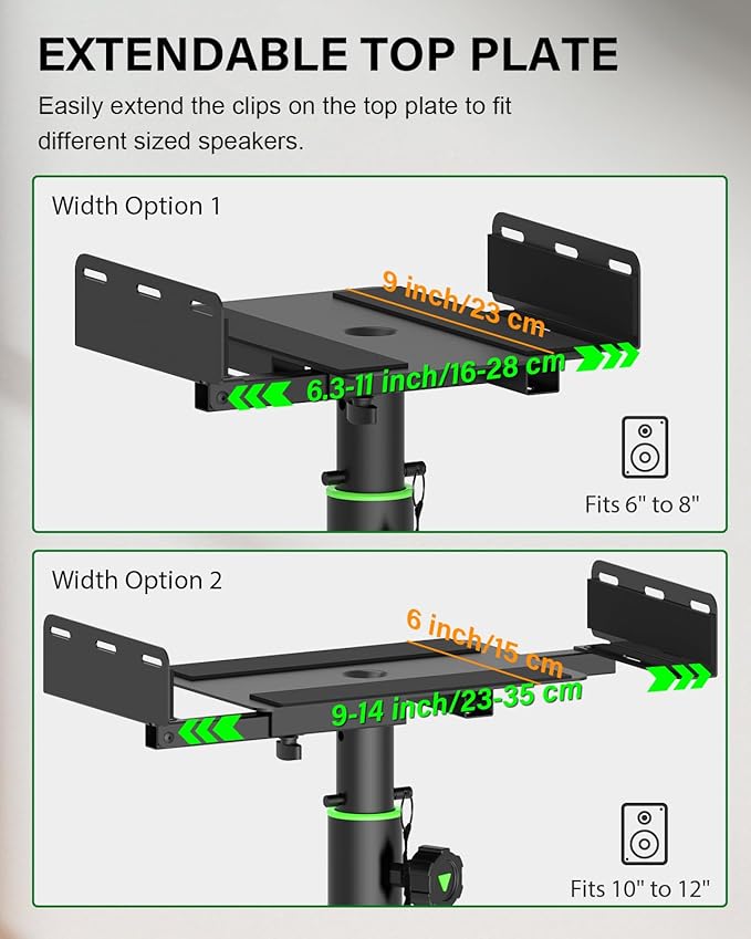 Set of 2 Dual Side Clamping Studio Monitor Stands Short Desktop Clamp Speaker Stands Height Adjustable Extendable Top Plate Mounted by Screws