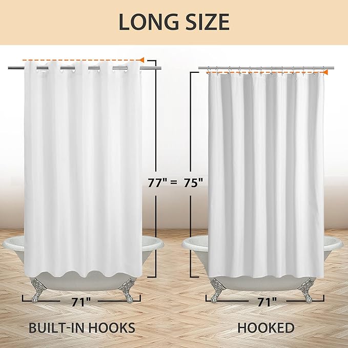 River Dream No Hook Long Shower Curtain or Liner Soft Microfiber - 75" Length Fabric Shower Curtain Liner Set, Machine Washable & Water Repellent, White, 71x77