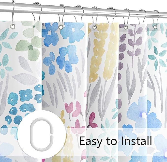 Blue Floral Shower Curtain 60x72, Pink Yellow Boho Flower Fabric Shower Curtain, Cute Funky Watercolor Wildflower Shower Curtain Set, Cottagecore Bohemian Bathroom Decor