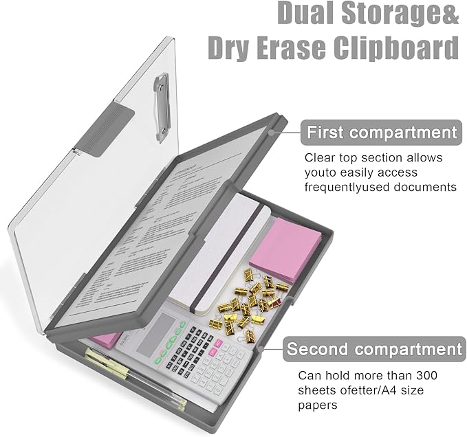 Hongri Clipboard with Storage, Grey 8.5 x 11 Folder Nursing Side Opening, Heavy Duty with Dual Compartment, Dry Erase Clear Cover, Smooth Writing for Teachers, Classroom, Office & School Supplies