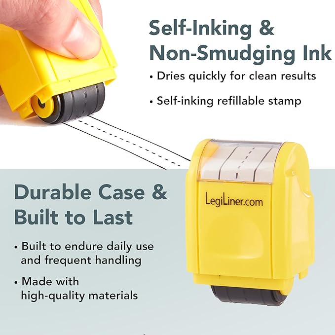 LEGILINER 1/2" Dashed Handwriting Line (Yellow) Teacher Stamp – Tri-Line Dashed Pattern. Classroom & Home Use. Refillable Ink Writing Practice Roller Stamp.