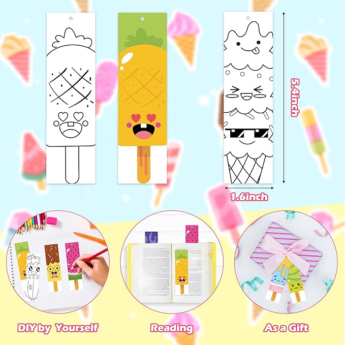 75Pcs Ice Cream Color Your Own Bookmarks for Kids Summer Ice Cream Theme DIY Coloring Blank Bookmark Classroom Art Craft Supplies for Teachers Students Birthday Gift Party Reward Goodie Fillers