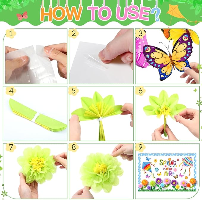 Blosssound 86 Pcs Spring is in The Air Bulletin Board Set Spring Flower Kite Cutouts with 3D Tissue Paper Pompoms Colorful Floral Butterfly Classroom Decorations for School Home Decor Supplies