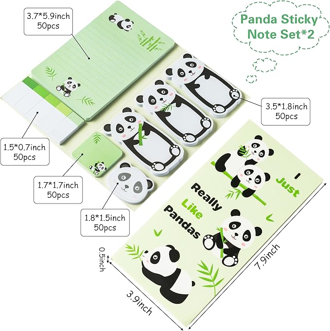 Xqumoi 2 Pack I Just Really Like Pandas Sticky Notes Set - Cute Cartoon Pandas Self-Stick Notes Pads Animal Divider Tabs Bundle Writing Memo Pads Page Marker Back to School Office Supplies Small Gift