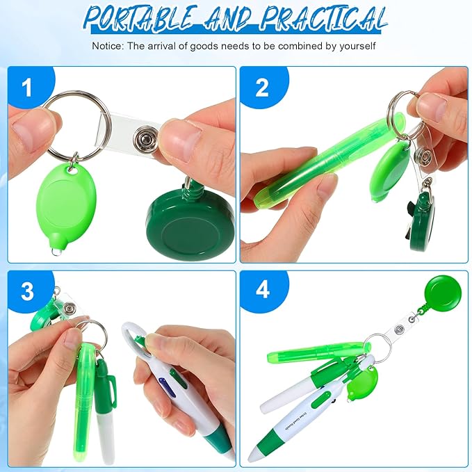 Chinco 30 Pcs Retractable Shuttle Pen Clip with Mini Highlighter Nurse Badge Pen Neon Marker LED Keychain Ring Clip