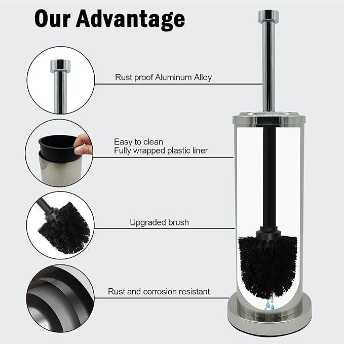 Silver Chrome Toilet Bowl Brush with Holder with Removable Plastic Liner, Durable Bathroom Cleaning Tool, Bathroom Cleaner Brush for Efficient Cleaning and Hygiene