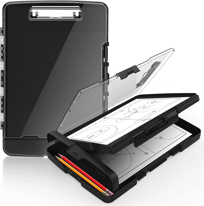 Sooez Original Clipboard with Storage & Pen Holder, Heavy Duty Clip Boards 8.5x11 with Dual Storage, Clearview Dry Erase Coach Clipboard with Real Hinge, High Capacity, School & Office Supplies