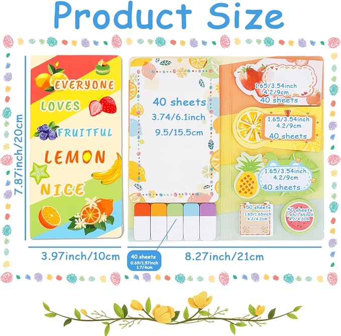 QPIXVB Fruit Sticky Notes Set,Sticky Tabs,Kawaii Stickers,Gifts for College Students,High School Supplies,Office Gifts,Pastel School Supplies,Cute Desk Accessories,Fruit Divider Tabs Bundle