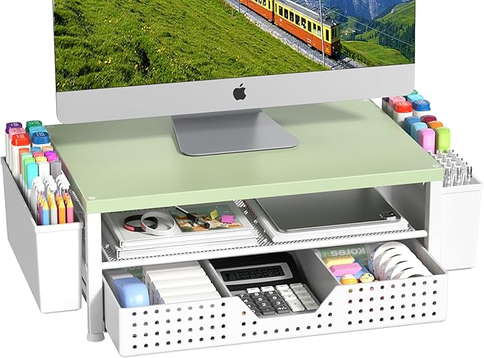 Wood Monitor Stand Riser, Laptop Stand for Desk, Office Desk Organizer and Accessories, Computer Desktop Shelf with Drawer and Pen Holder, Printer Stand for Home, Office, Dorm (Green Wood)