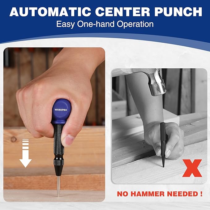 WORKPRO 5" Automatic Center Punch for Metal, Adjustable Spring Loaded Center Punch with Cushion Cap, Metal Punch Tool, Center Hole Punch for Wood, Metal, Plastic