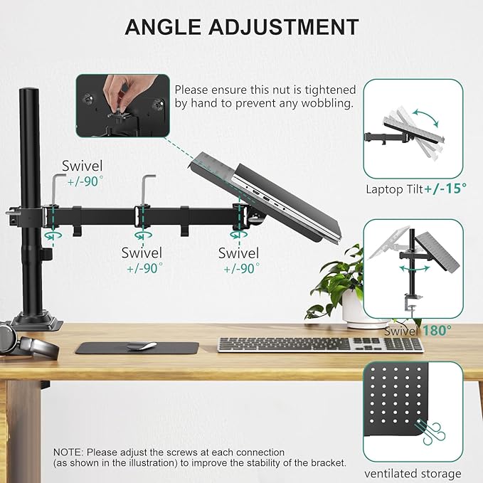 WALI Laptop Tray Desk Mount for 17inch Notebook, Fully Adjustable Laptop Arm up to 22lbs, Monitor Mount with Vented Cooling Platform Stand (M00LP), Black