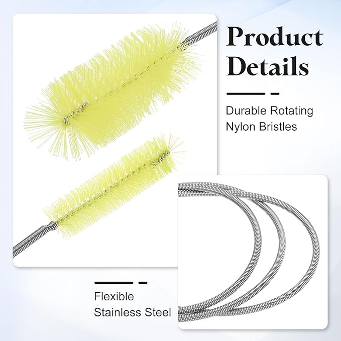 HARFINGTON 3pcs Flexible Long Drain Brush Straw Cleaner Set 61.02" Stainless Steel Double Ended Hose Brush with 8" Nylon Long Tube Pipe Cleaning for Fish Tank Sink Pipe, Yellow