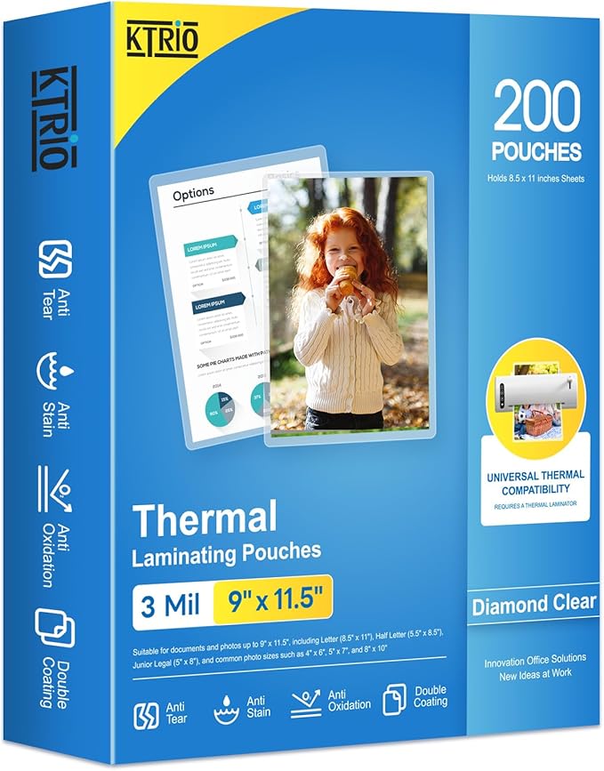 KTRIO 200 Pack Laminating Sheets, Hold 8.5 x 11 Inches, 3 Mil Thermal Laminating Pouches, 9 x 11.5 Laminate Sheets for Laminator, Clear Lamination Sheet Paper, Letter Size, Office School Home Supplies