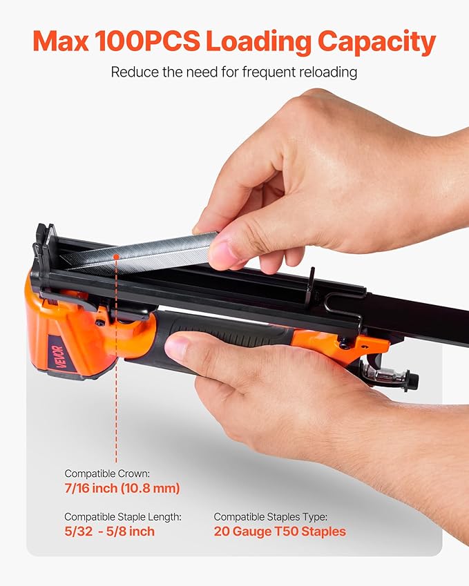 VEVOR Pneumatic Staple Gun, 20 Gauge T50 Pneumatic Upholstery Stapler for 7/16" Crown 5/32"-5/8" Length Staples, 70-110 PSI Air Staple Gun for Woodworking, Upholstering, Fabric, Crafts, DIY Projects