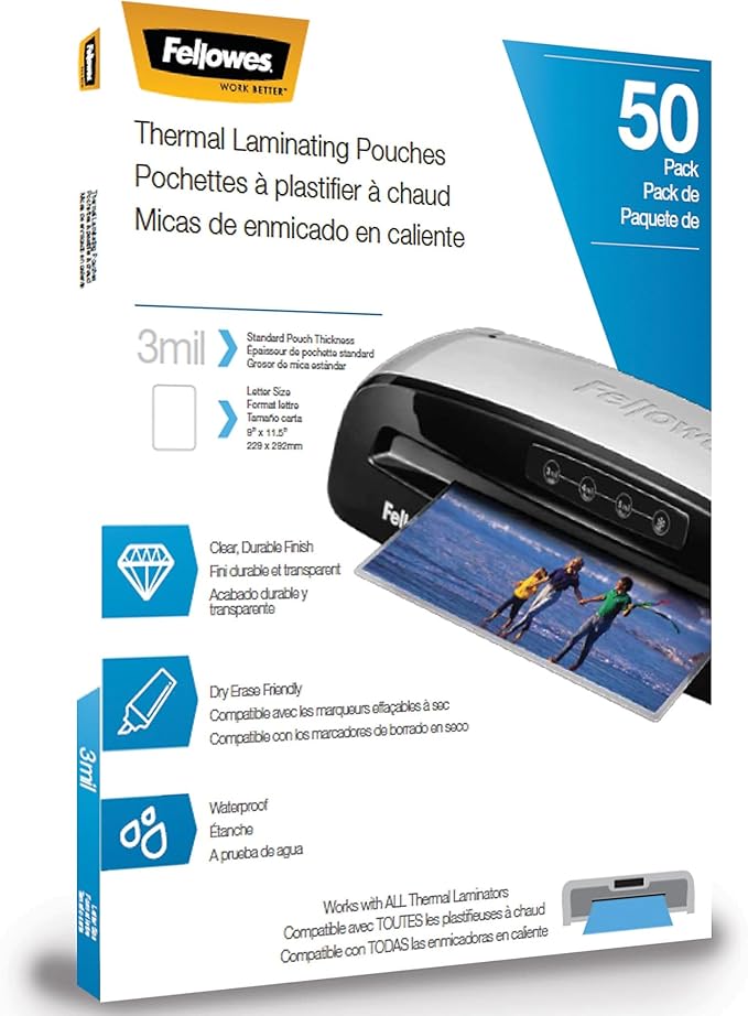 Fellowes 5744301 Thermal Laminating Pouches, 3 mil, 9-Inch x 11.5-Inch, Matte Clear, 50/Pack