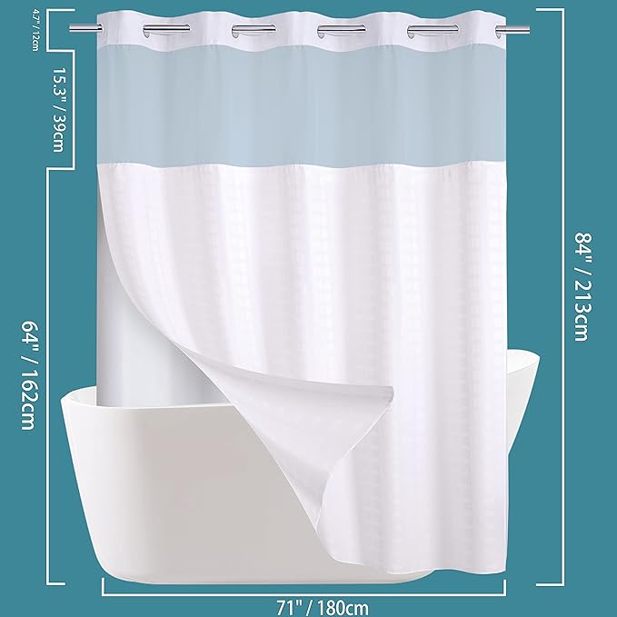 Conbo Mio Extra Long No Hook Shower Curtain with Snap in Liner Set, Hotel Luxury White Shower Curtains for Bathroom with See Through Top Window, Waterproof, Washable 71W x 84H