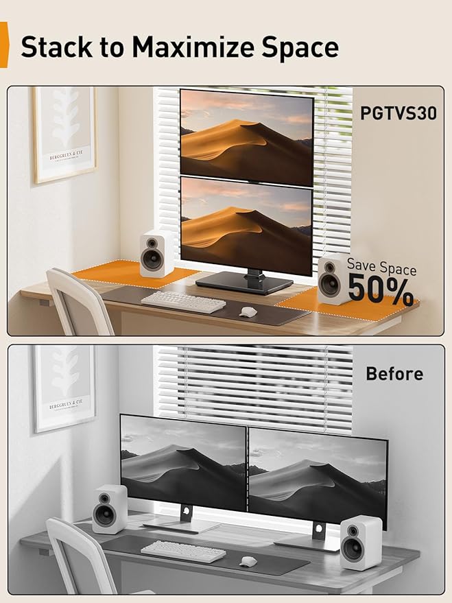 Perlegear Dual Vertical Monitor Stand for 13-40 inch Screen, Gaming Monitor Stand for 3080 3090 Ti, Dual TV Stand with 360 Degree Rotation, 13 Height Settings, Max VESA 100x100mm, PGTVS30