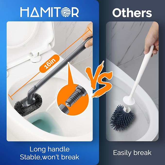 HAMITOR Toilet Plunger and Brush Set for Bathroom Cleaning with Extented Handle - Heavy Duty Toilet Plunger Combo Accessories with Caddy Stand Holder for Small Space - Gray