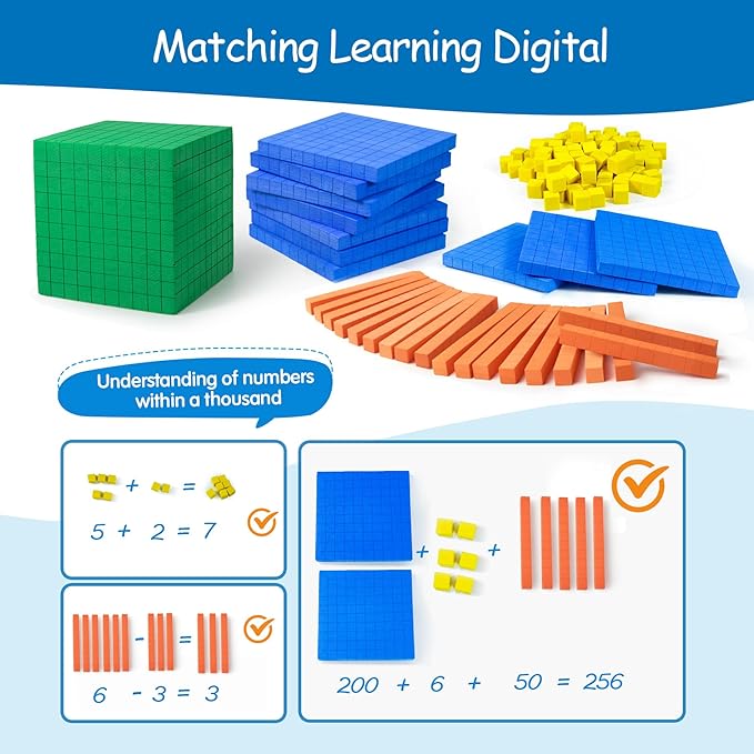 Foam Base Ten Set for Math 131 PCS Place Value Blocks,Counting Cubes for Kids Math,Base 10 Math Manipulatives for Early Counting Math Toy in School Home