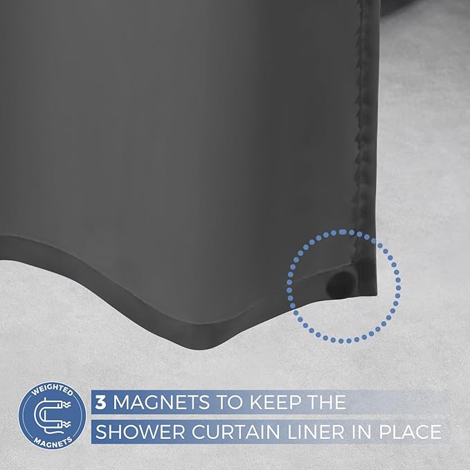 downluxe Waterproof Fabric Shower Curtain Liner, Soft Cloth Shower Liner with 3 Magnets, Machine Washable & Hotel Quality Bathroom Curtain, 70" W x 72" L, Dark Grey